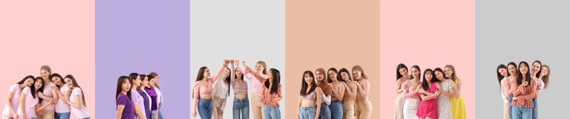 Set of many young women on color background