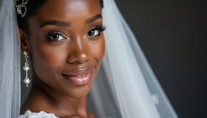 Young black bride smiles. Woman wears white wedding dress, veil, earrings. Makeup highlights her beautiful face. Elegant lady ready for marriage celebration. Close up portrait.