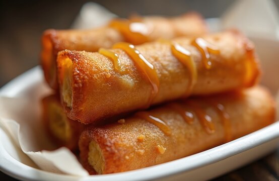 Fried saba bananas wrapped in spring roll pastry drizzled with caramel sauce, served in white dish. Sweet crunchy Filipino snack perfect for dessert or treat. Delicious crispy fried banana rolls.