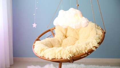 Neutral Nursery Corner with Boucle Chair and Cloud Mobile