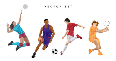 Sports players vector illustration. Hand drawn human figures collection