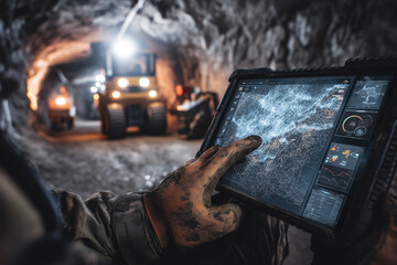 Miner Interacting With 3D Connectivity Map In Deep Underground Tunnel, Rugged Tablet, Autonomous Rover Relays, Industrial Communications, Private Networks, Remote Operations