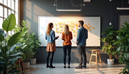 Three colleagues discuss ideas on a whiteboard in a modern office. Two women and one man stand in front of the board with yellow sticky notes. The room is filled with green plants and natural light.