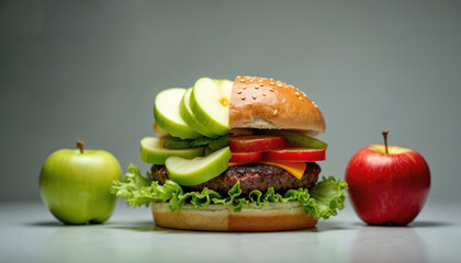 Hamburger divided in half. One side features classic burger ingredients filled with sliced green apples. Visually represents choice between healthy, unhealthy food, diet, nutrition concepts. Green