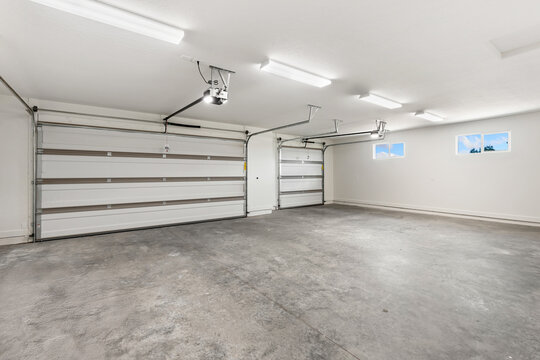 A spacious and empty garage featuring two garage doors and a concrete floor