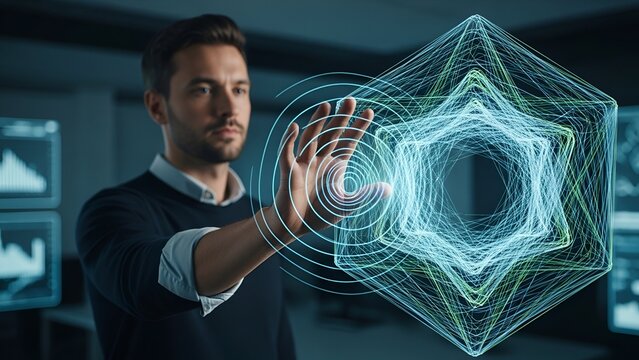 Man interacting with holographic display in a high-tech setting. Focus on hand and geometric shapes