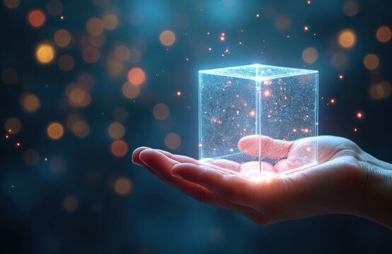 Person hand holds luminous hologram cube floating in palm. Abstract futuristic tech with digital data particles inside transparent box. Represents new product innovation business solution idea with - Powered by Adobe