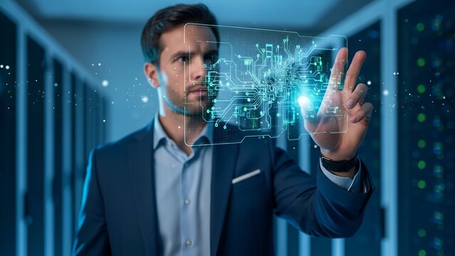 Man interacts with a holographic circuit board in a data center, digital concept