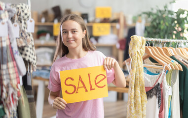 Teenage girl in summer clothes posing holding sale sign in clothing store