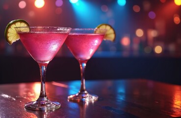 Two pink cocktails with lime slices sit on dark, reflective bar table. Blurred colorful disco lights create vibrant party background at night. Drinks glisten in lively club scene, ready for