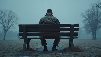 Fototapeta premium Lonely soldier in uniform sits on park bench from behind. Military man feels isolated, contemplating war experiences. Veteran with PTSD suffers from combat trauma, depression, stress, anxiety, grief,