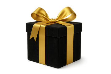 Fototapeta premium Black giftbox with golden ribbon and bow, representing luxury, celebration, and surprise, isolated on transparent background