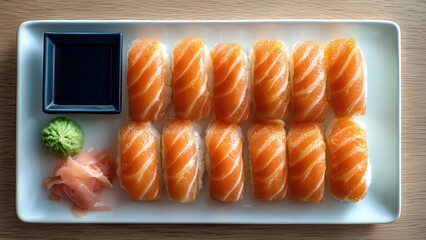 Fresh Salmon Sushi Nigiri Set with Soy Sauce, Wasabi, and Pickled Ginger &ndash; Japanese Cuisine