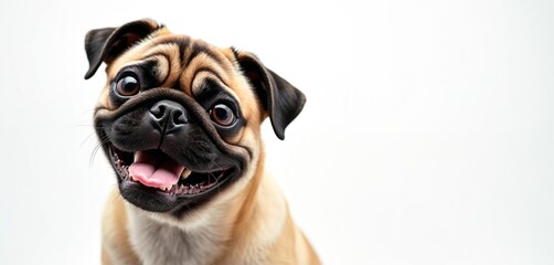 Happy pug dog portrait on white background. Smiling canine friend with tongue out. Cute small pet studio shot. Adorable domestic animal with cheerful face.