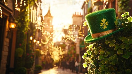 Green top hat with shamrock on a leafy plant in a sunlit cobblestone street.