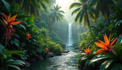 Waterfall flows in rich tropical jungle. Stream runs through dense vegetation. Palms stand tall. Orange flowers bloom near river water. Fresh plants offers peace. Eco nature background. Calming wild