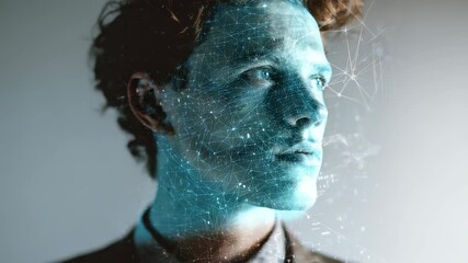 A thoughtful young man gazes into the distance, his face merged with abstract digital lines and nodes. This image represents AI, innovation, and the integration of technology in modern life - Powered by Adobe