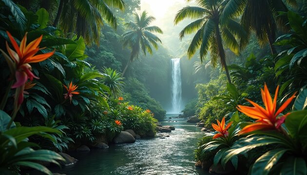 Waterfall flows in rich tropical jungle. Stream runs through dense vegetation. Palms stand tall. Orange flowers bloom near river water. Fresh plants offers peace. Eco nature background. Calming wild