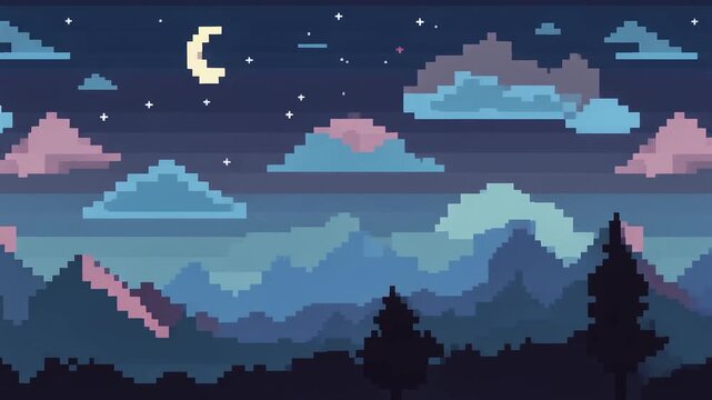 A seamless, looping pixel art animation of a night sky with a moon, stars, and moving clouds over mountains. A perfect retro 8-bit or 16-bit video game background.