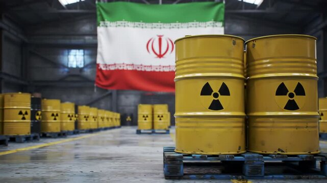 Row of Yellow Barrels with Radiation Symbol and Iran Flag in Industrial Setting