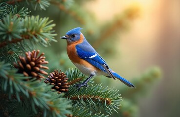 Small bluebird perches on pine tree branch with pinecones. Bird has blue feathers on back and wings, orange chest. Wild animal in natural green environment.
