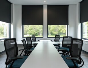 Modern office meeting room with large windows overlooking green trees. Empty conference table and chairs with black blinds for darkness. Contemporary corporate space.