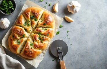 Golden brown garlic focaccia bread with fresh parsley and herbs, sliced and ready to serve with olive oil. Rustic kitchen preparation for a delicious meal or snack.