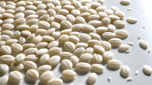 Large close-up group of white, oblong, grooved food pellets scattered on a smooth, white surface