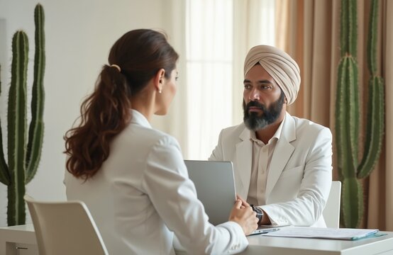 Woman discusses with man in a clinic office. He listens carefully at her explanation. They sit across desk with open laptop, papers for consultation. Doctor patient meeting or business discussion.