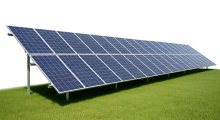 Modern solar panel array powering sustainable energy future on lush green field, clean electricity concept