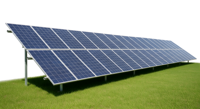 Modern solar panel array powering sustainable energy future on lush green field, clean electricity concept