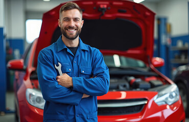 Smiling auto mechanic in blue uniform holds wrench. Mechanic stands near car with open hood at car service station. Professional male worker at vehicle maintenance workshop.