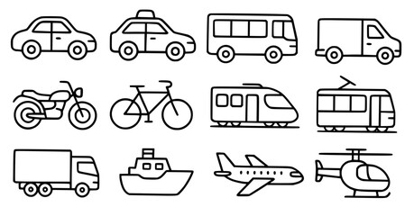 Illustration of 8 Means of Transportation, Outline Version