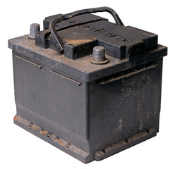 Old battery for a combustion passenger car on an isolated background.