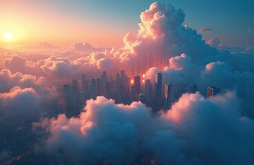 Fototapeta premium Aerial view of modern city skyscrapers surrounded by fluffy pink, blue clouds at sunrise. Sun brightens horizon. Digital data streams flow from abstract clouds above urban buildings. Tech city