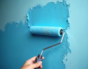 Person uses paint roller to apply bright blue paint to wall. Vibrant color covers old surface during home renovation. Hand skillfully guides tool, creating even new coating. Diy project makes home