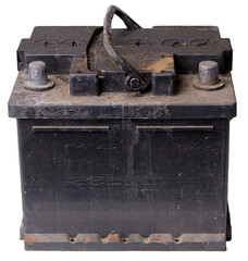 Old battery for a combustion passenger car on an isolated background.