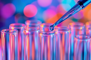 Laboratory test tubes with pipette dropper dispensing liquid, colorful glowing background with bokeh lights, creative science concept. Ai generative