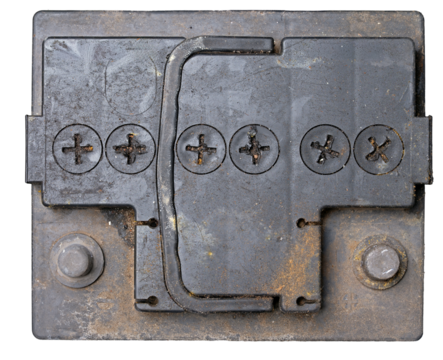 Old battery for a combustion passenger car on an isolated background.