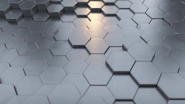 Close-up of a textured surface featuring numerous interlocking metallic hexagonal tiles some raised creating a three-dimensional pattern with light reflections