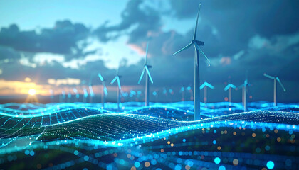 Wind Turbines: Modern wind turbines stand tall in a scenic field, with a digital overlay showing the flow of energy. The sky is filled with clouds, and the sun shines through.