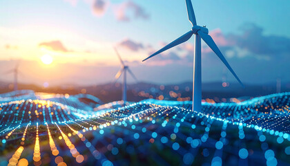 Wind Turbines and Data-Driven Energy: A visually striking scene featuring wind turbines set against a picturesque background, interplaying data-driven insights.