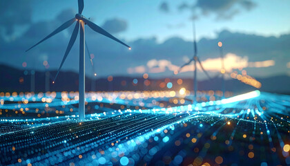 Wind Turbine Innovation: A dynamic view captures the forefront of technological advancement and environmental sustainability through wind turbines at dusk. 