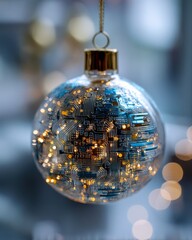 hanging glass Christmas ornament, embedded circuits and glowing pixels inside, futuristic aesthetic, shallow depth of field, softly blurred background with bokeh lights. cyber Christmas, IT holidays.