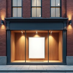 Blank storefront display mockup with spotlights. White empty frame for product presentation. Urban building with brick wall, windows. Commercial store signage, design element for advertising