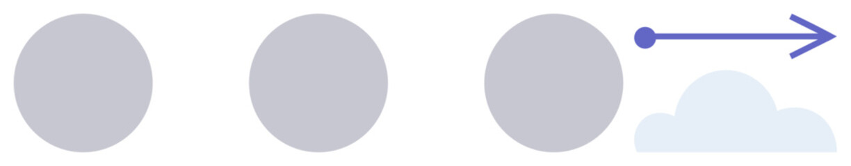 Three gray circles moving left to right with an arrow pointing toward a cloud, symbolizing movement, growth, process, transformation, innovation. Ideal for change, progress, future simplicity