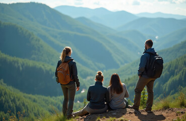 Fototapeta premium Four hikers rest on mountain top enjoying vast valley view. People wear backpacks, hike on green hills. Friends relax, admire nature scenery on summit.