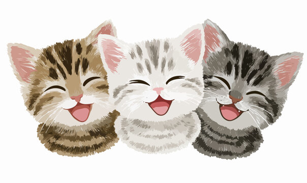 Tr&ecirc;s gatinhos ador&aacute;veis e sorridentes, com pelagens distintas, ilustram a alegria em um design gr&aacute;fico encantador.