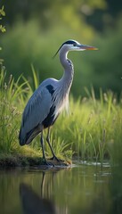 Grey heron stands in shallow water surrounded by tall lush green grass. Bird has long neck, large beak, beautiful grey white feathers. Animal hunts for fish in lake or pond on sunny day.