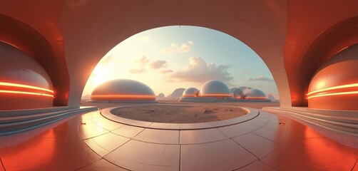 Obraz premium Full panorama futuristic illustration of domes, light glows in horizon. Modern design 360 degree artwork. Architecture innovation concept. Future background, vr content. Virtual reality interior.